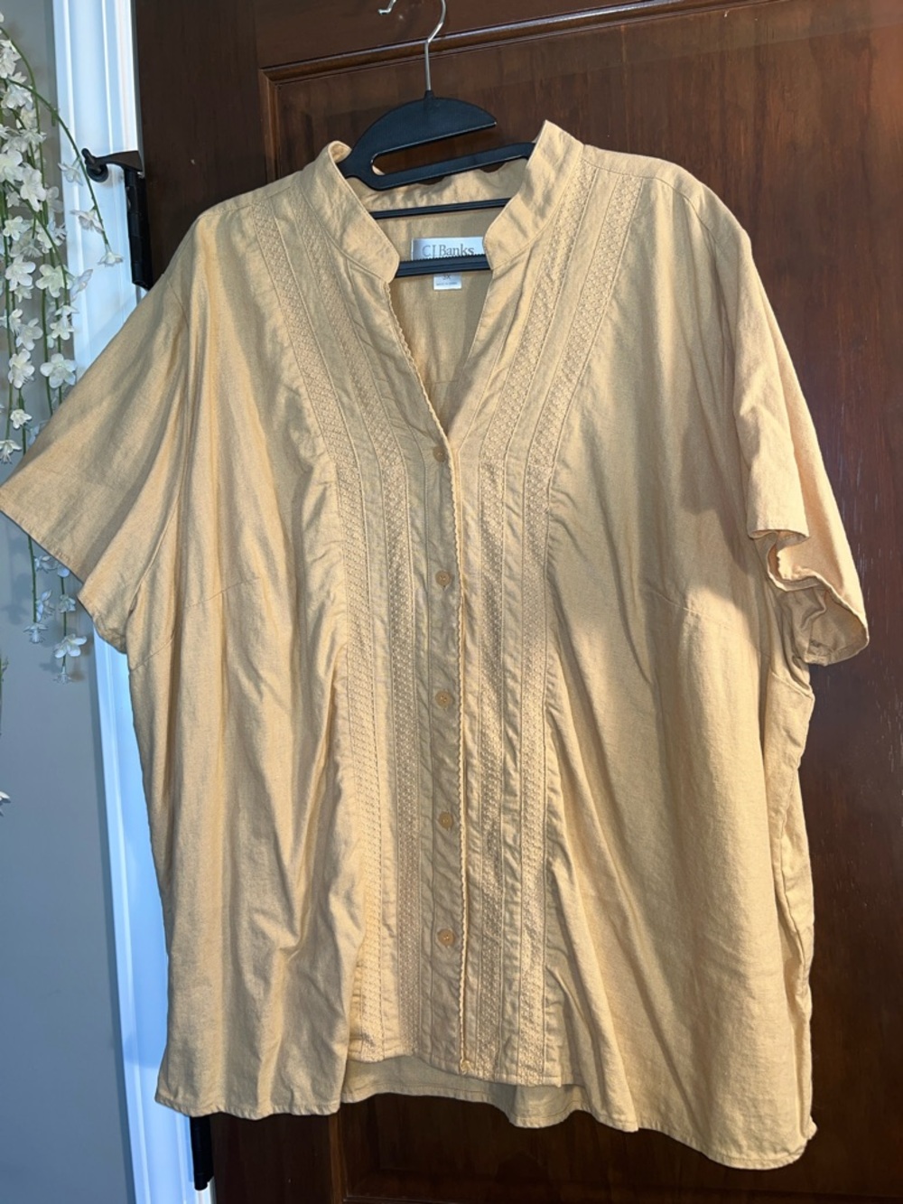 CJ Banks Mustard Short-Sleeve Pintuck Button-Up Blouse